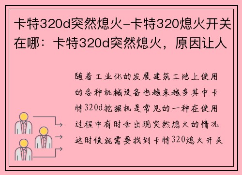 卡特320d突然熄火-卡特320熄火开关在哪：卡特320d突然熄火，原因让人疑惑